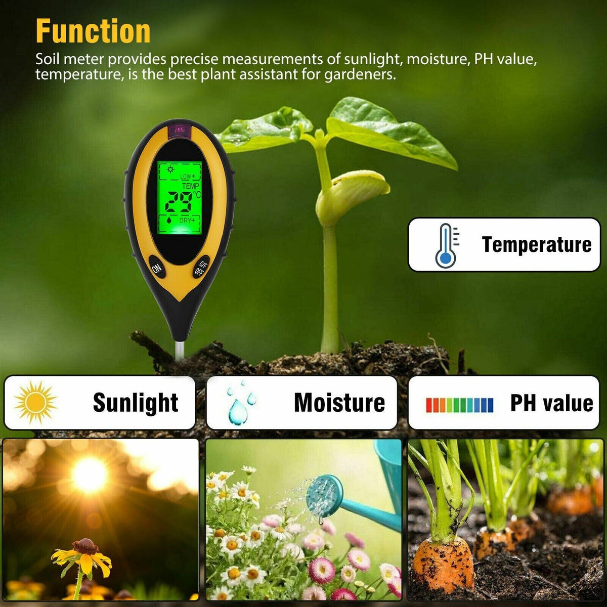 4-in-1 Soil Tester - pH, Moisture, Light & Temperature