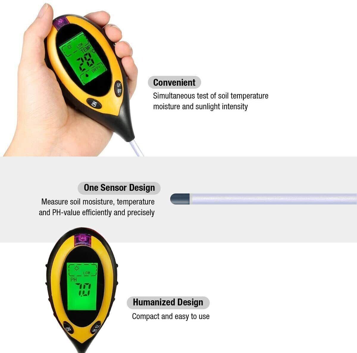 4-in-1 Soil Tester - pH, Moisture, Light & Temperature